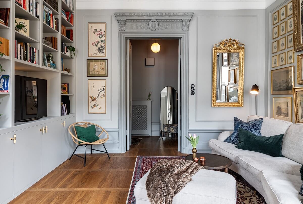 A Classic Swedish Apartment with a Dark Blue Bedroom 3 light gray living room with built in cabinet
