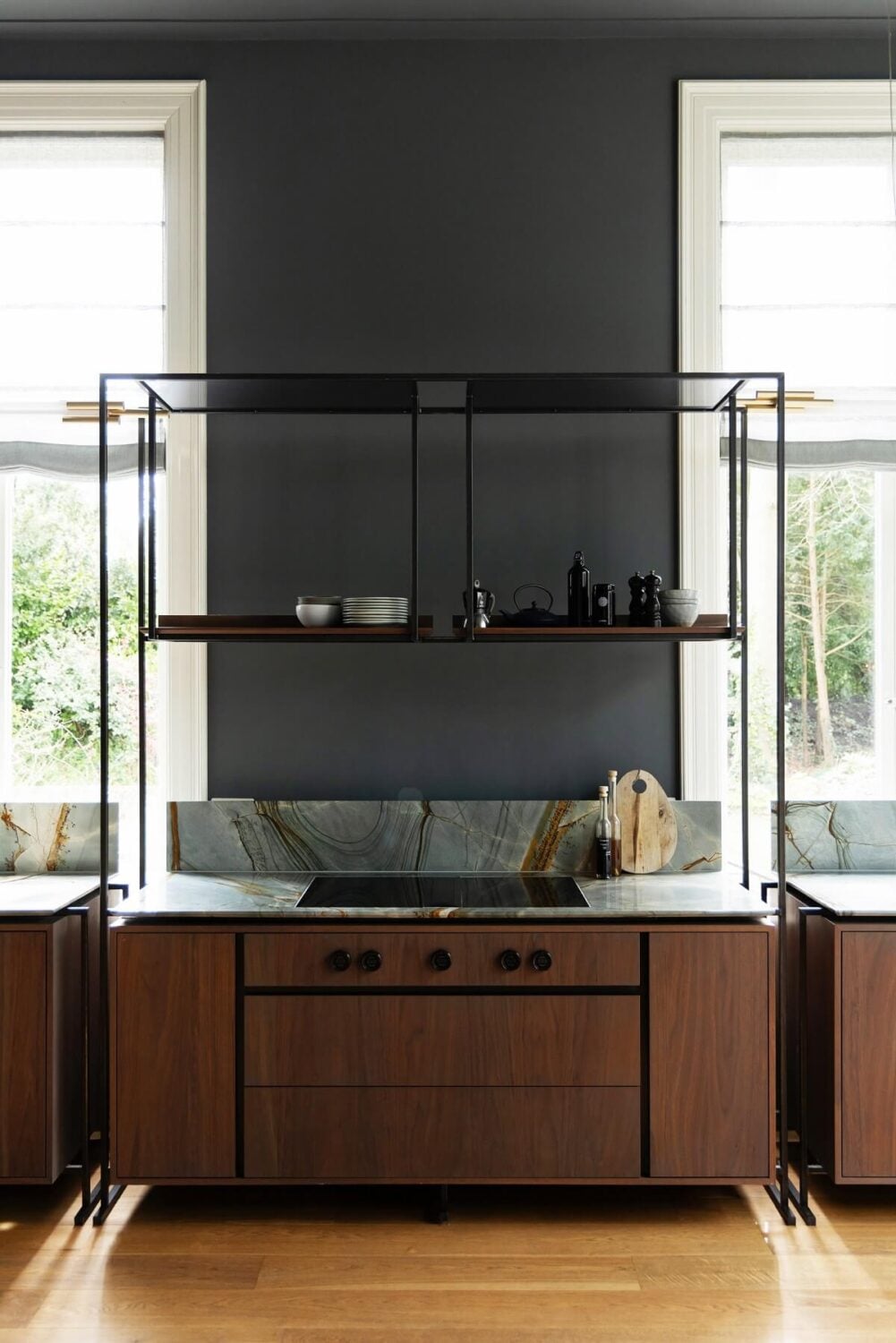 A Warm Atmosphere in a Historic Dutch Villa 9 minimalistic walnut kitchen and gray walls