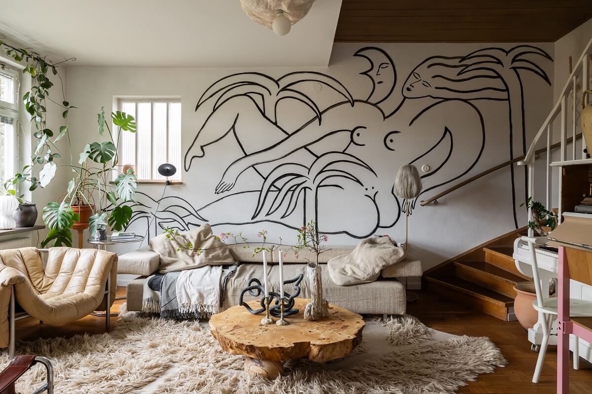 natural living room with wall mural