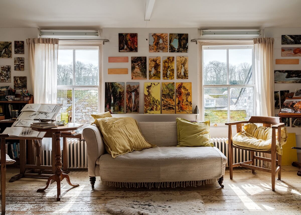 A Coastal White Painter's Home with Reclaimed Features in Cornwall 16 natural tones artist studio