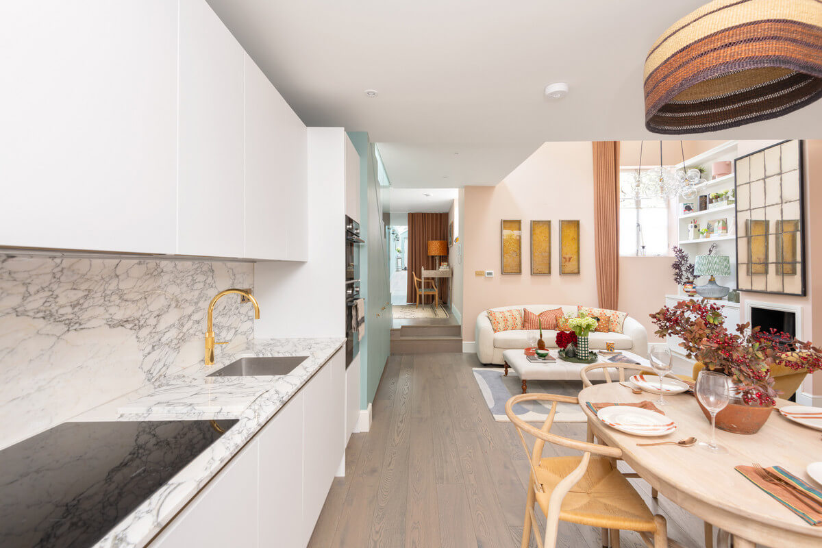 A Light London Maisonette in a Former Artist's Studio 15 open plan kitchen living space with white cabinets