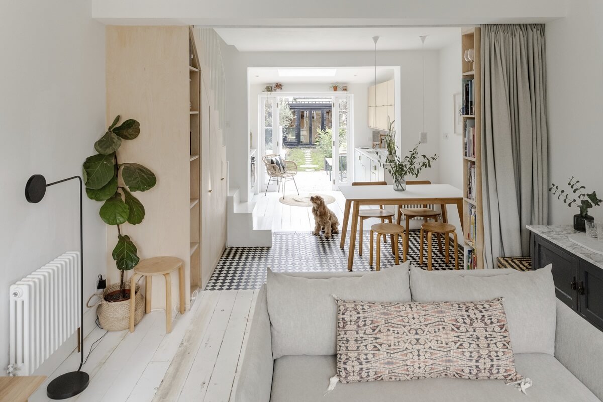 Light and Modern Spaces in a Small Victorian House 1 open plan living room kitchen with curtain room divider