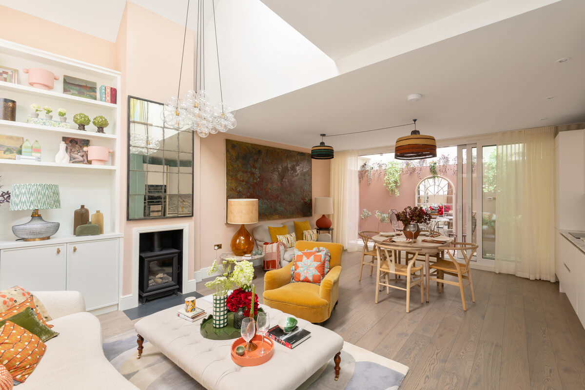 A Light London Maisonette in a Former Artist's Studio 4 open plan living space with pink walls