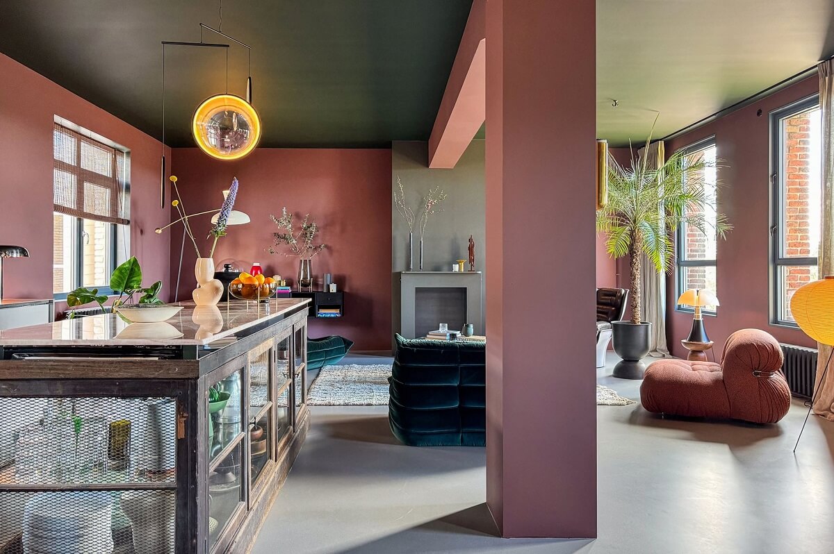 Color and Graphic Design in the Home of a Dutch Interior Stylist 15 open plan pink and green living space