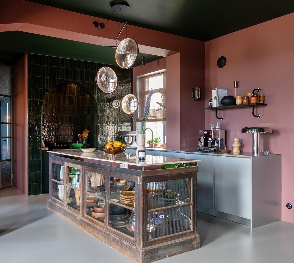 Color and Graphic Design in the Home of a Dutch Interior Stylist 8 pink and green kitchen with vintage island