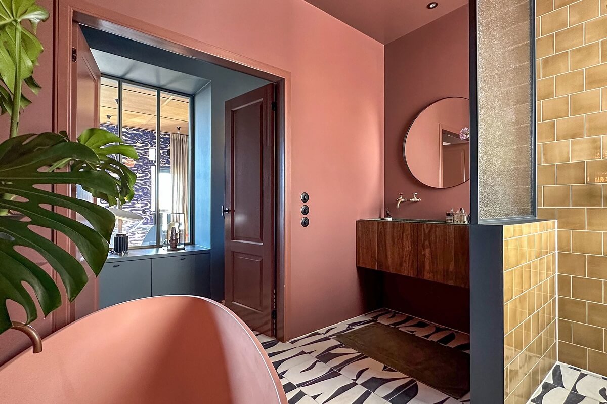 Best of 2024: Bathrooms 6 pink bathroom with walk in shower and graphic tiles