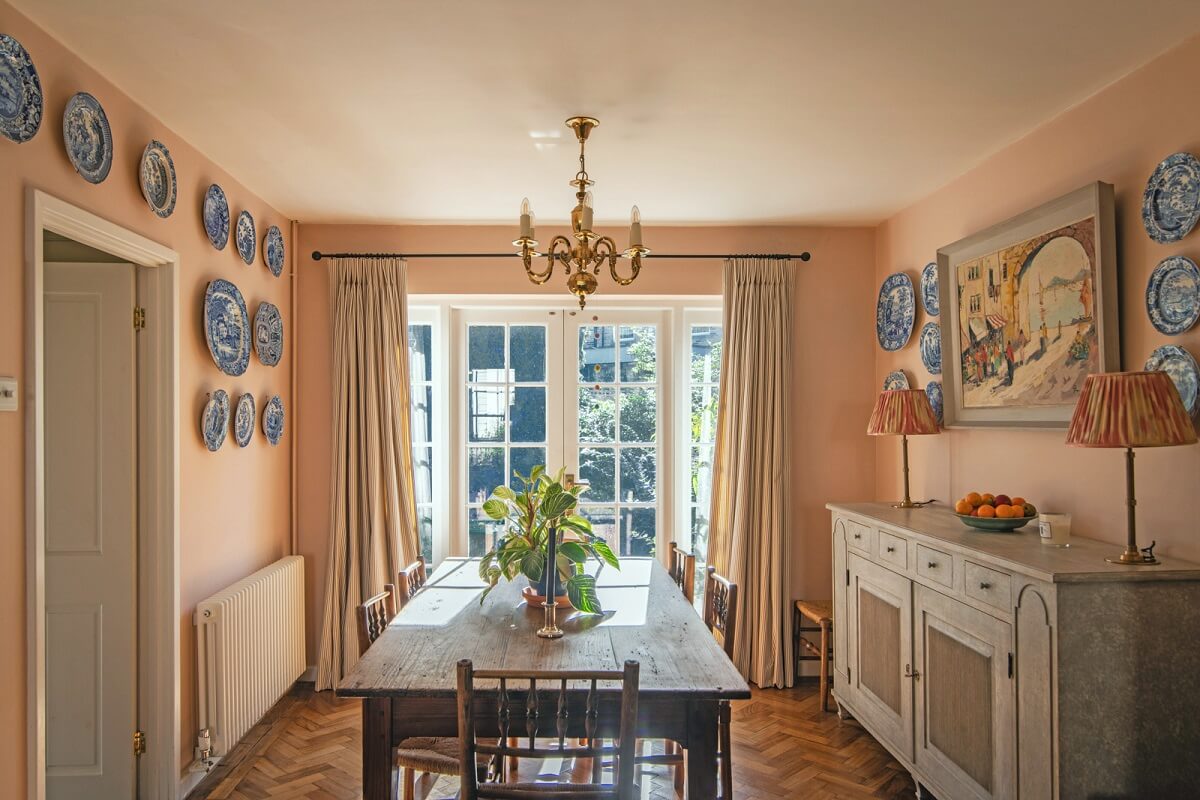 A Colorful Neo-Georgian House in London 6 pink walls dining room