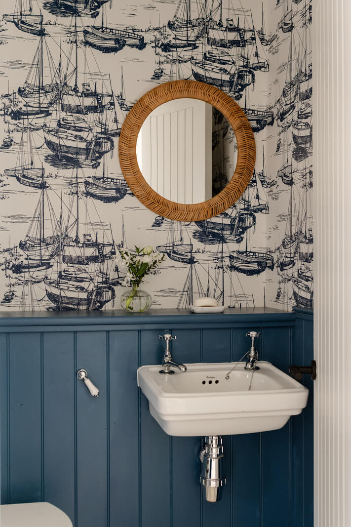 A Modern Barn House in the English Countryside 13 powder room wallpaper