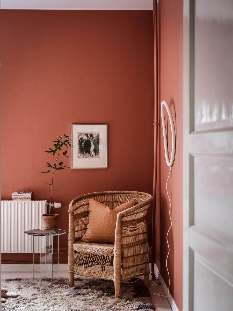 A Scandinavian Apartment with a Rust Red Bedroom 14 red walls bedroom