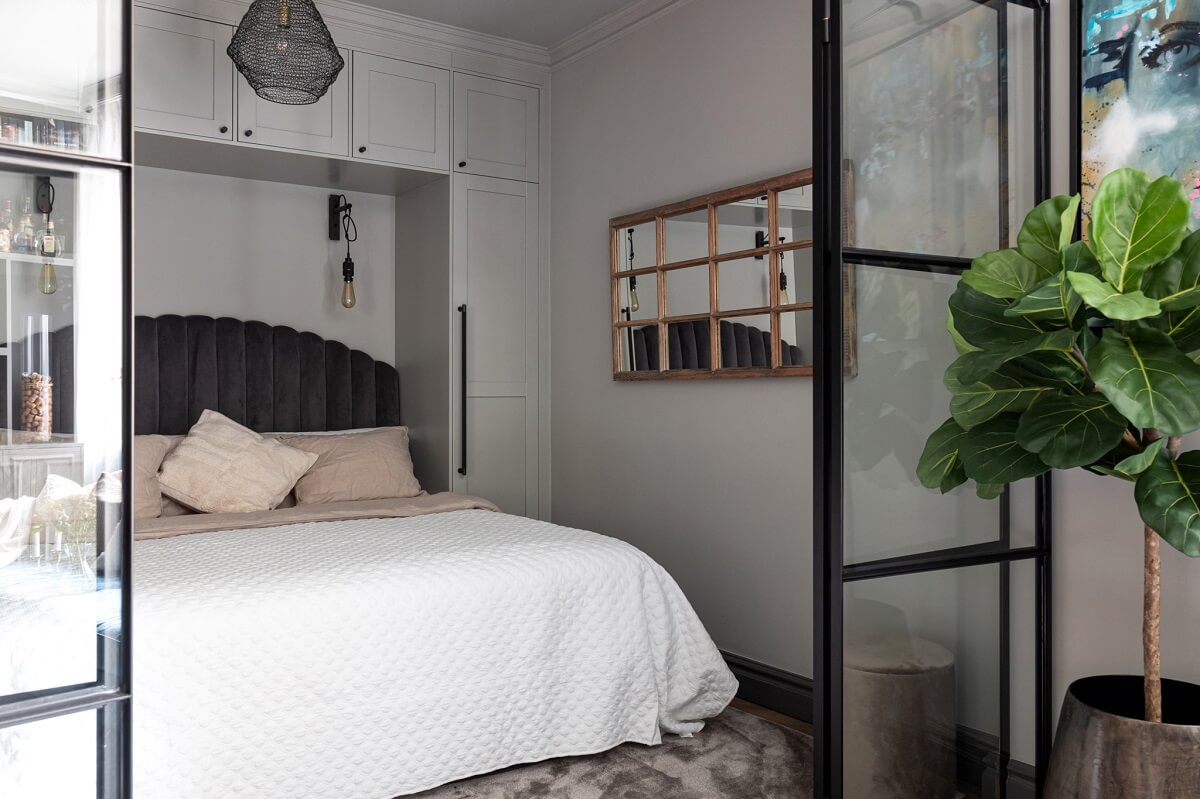 A Gray Apartment with an Industrial Glass Bedroom 13 small gray bedroom with built in wardrobes