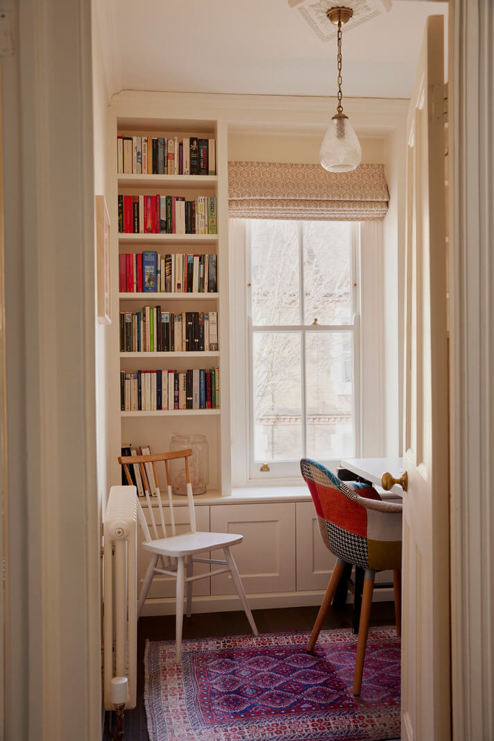 A London Maisonette with A Light Blue deVOL Kitchen 7 small home office with purple rug and built in bookcases