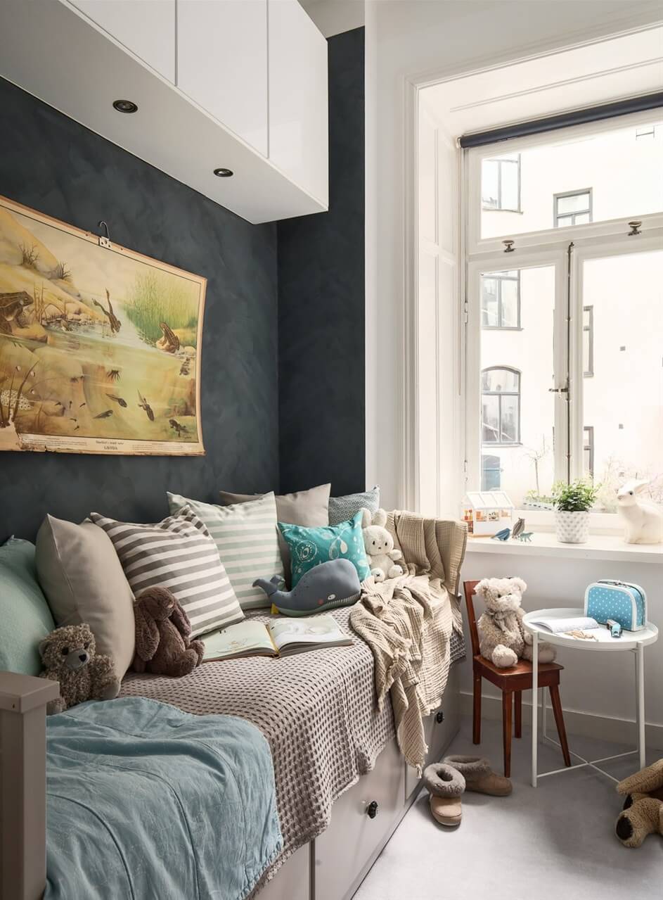 A Swedish Apartment with an Exposed Brick Wall 13 small kids bedroom with sofa bed