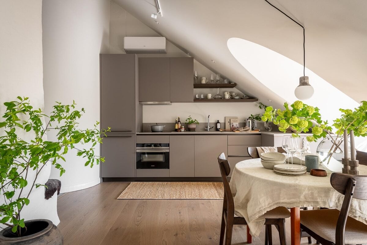 An Attic Studio Apartment with a Glass Room Divider 13 studio apartment plants kitchen