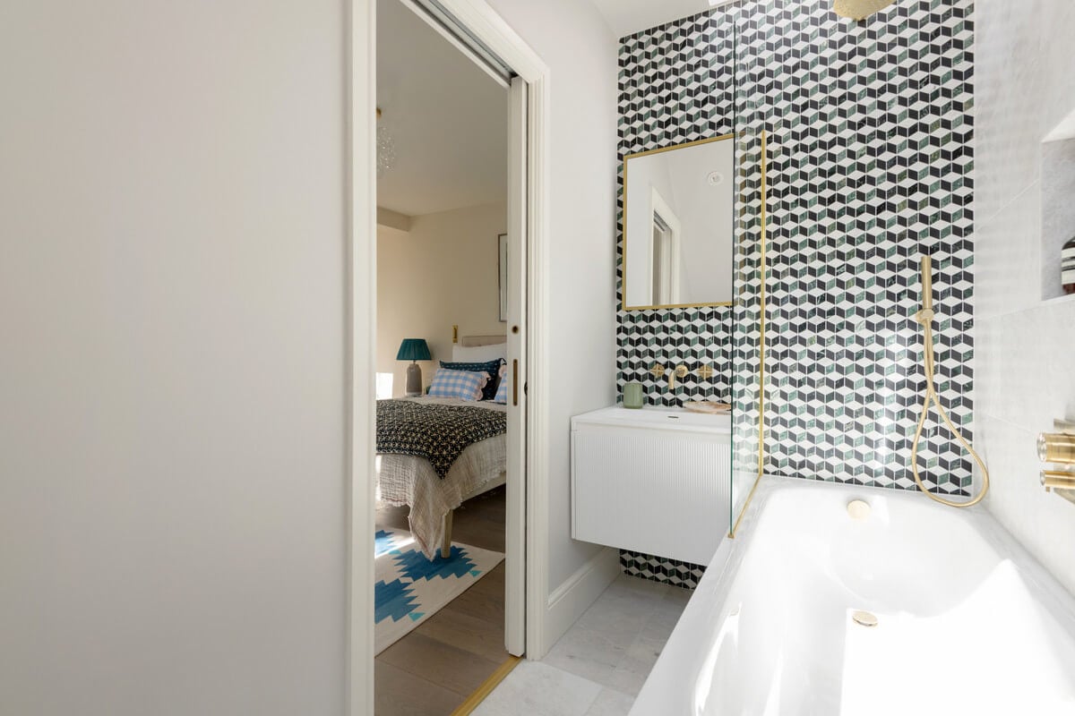 A Light London Maisonette in a Former Artist's Studio 20 tiny bathroom with geometric tiles