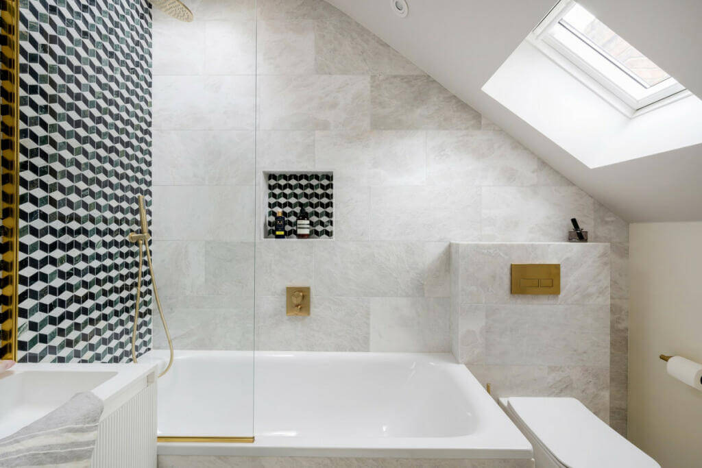 A Light London Maisonette in a Former Artist's Studio 21 tiny bathroom with slanted ceiling