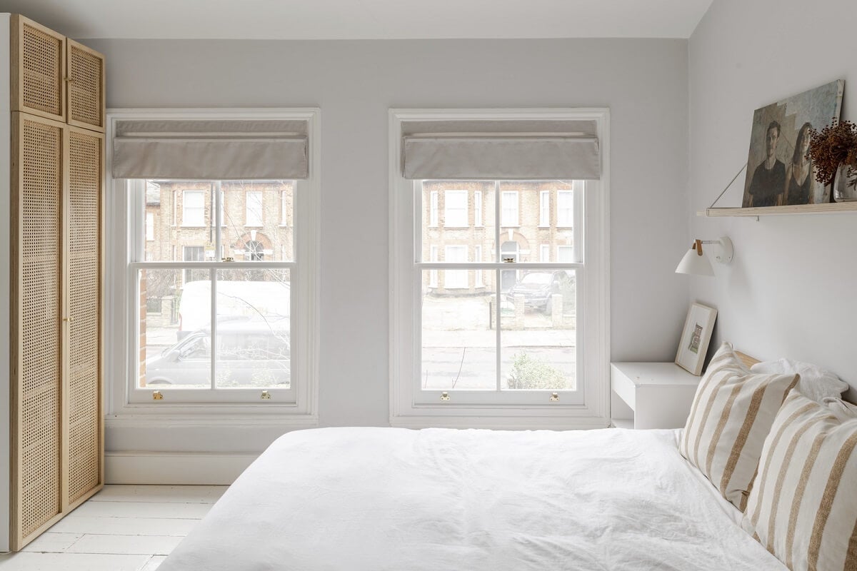 Light and Modern Spaces in a Small Victorian House 14 white bedroom with wooden wardrobes