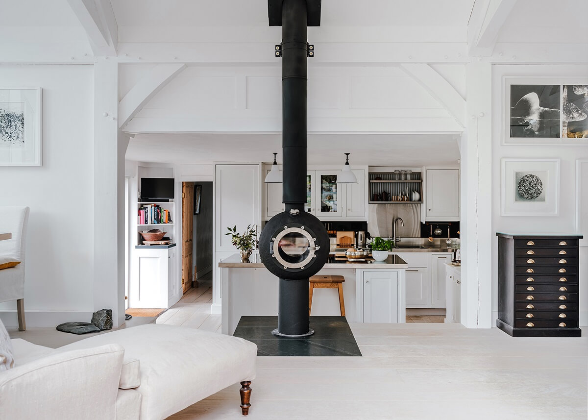 A Coastal White Painter's Home with Reclaimed Features in Cornwall 3 white open plan living room kitchen