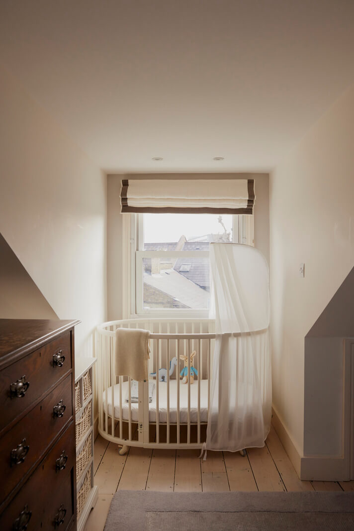 A London Maisonette with A Light Blue deVOL Kitchen 14 whtie nursery in attic room