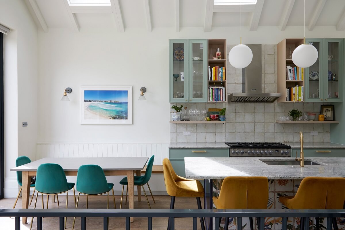 A Colorful London Family Home Renovated by Fraher & Finlay 10 yellow bar stools kitchen