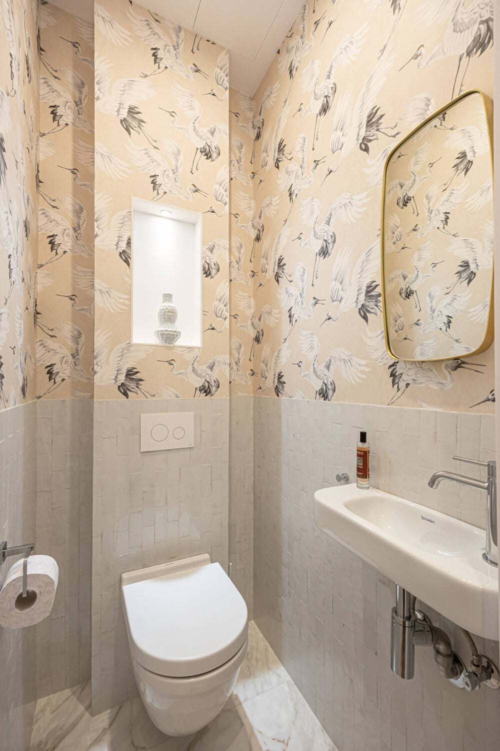 A Renovated Modernist Apartment in Barcelona 10 bathroom with wallpaper nordroom