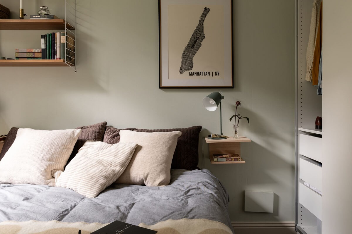 A Swedish Duplex with a Unique Wood and Pastel Colored Kitchen 16 bedroom floating nightstand