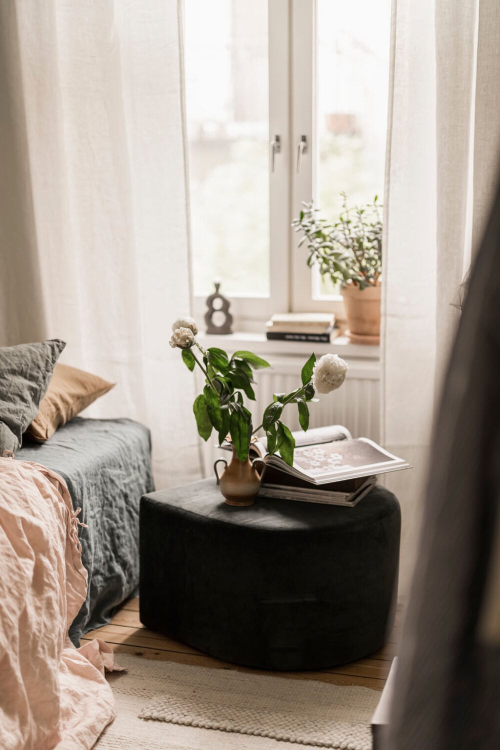 Wallpaper and Historic Charm in a Swedish Apartment 27 bedroom nightstand detail