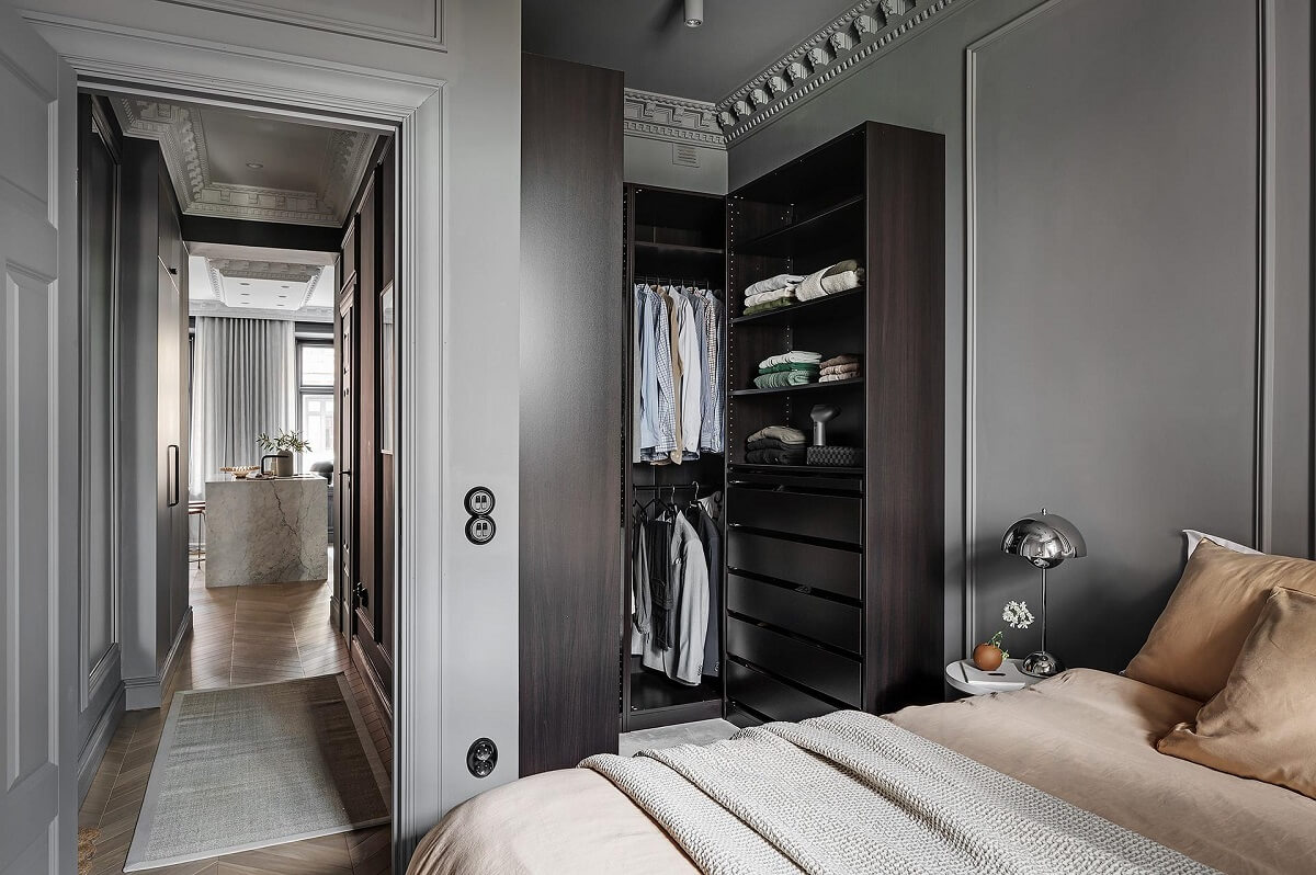 A Luxurious Renovated Apartment with Dark Gray Walls 23 bedroom walk in closet gray wals nordroom