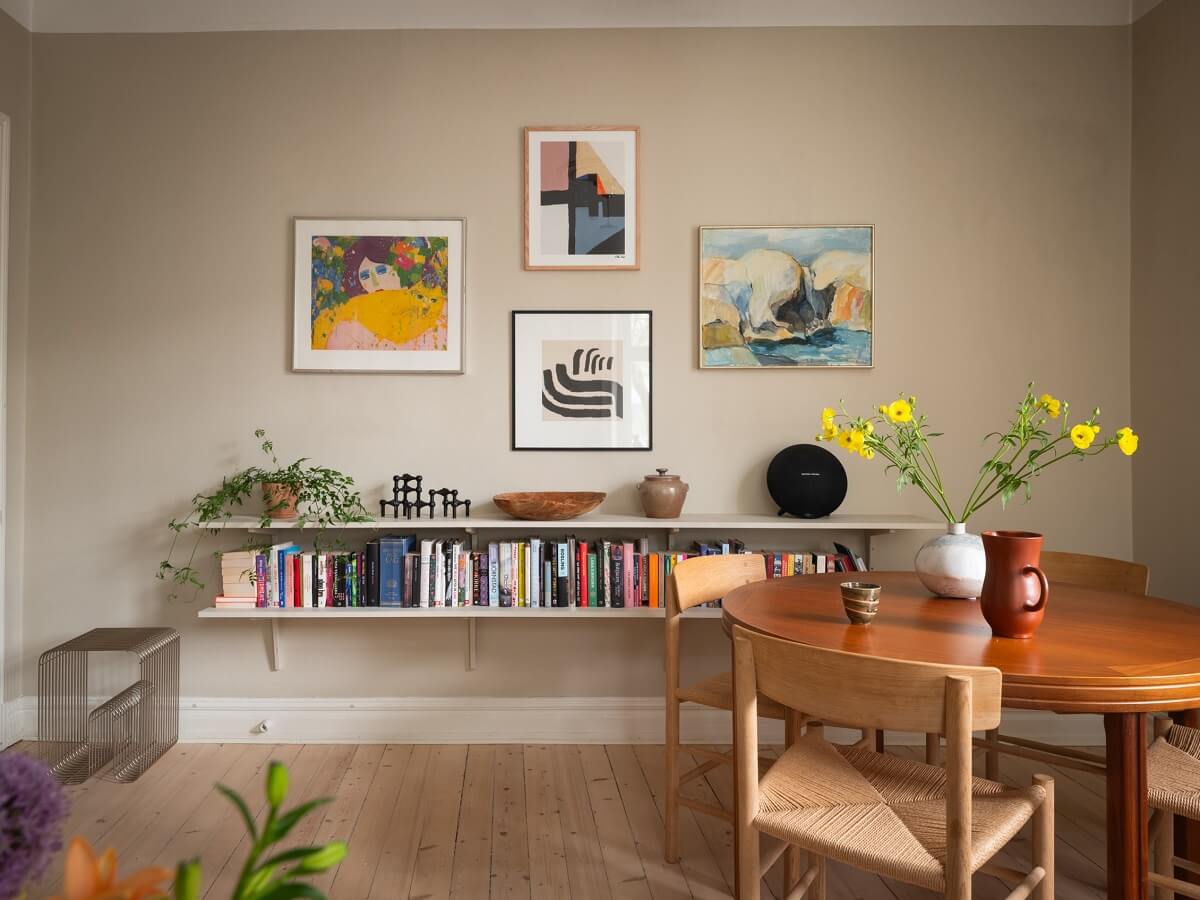 Original Details in a Light-Filled Swedish Apartment 4 beige living room with shelves