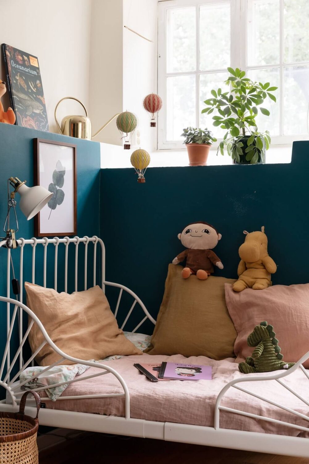 A Swedish Duplex with a Unique Wood and Pastel Colored Kitchen 21 children bedroom with teal blue walls nordroom