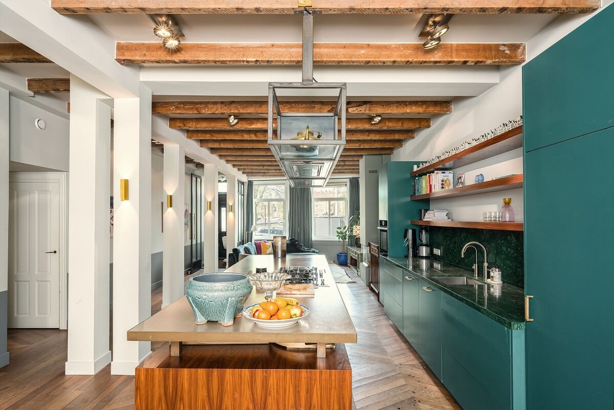A Colorful Family Home with Open-Plan Spaces in Amsterdam 7 colorful kitchen open plan living space exposed beams