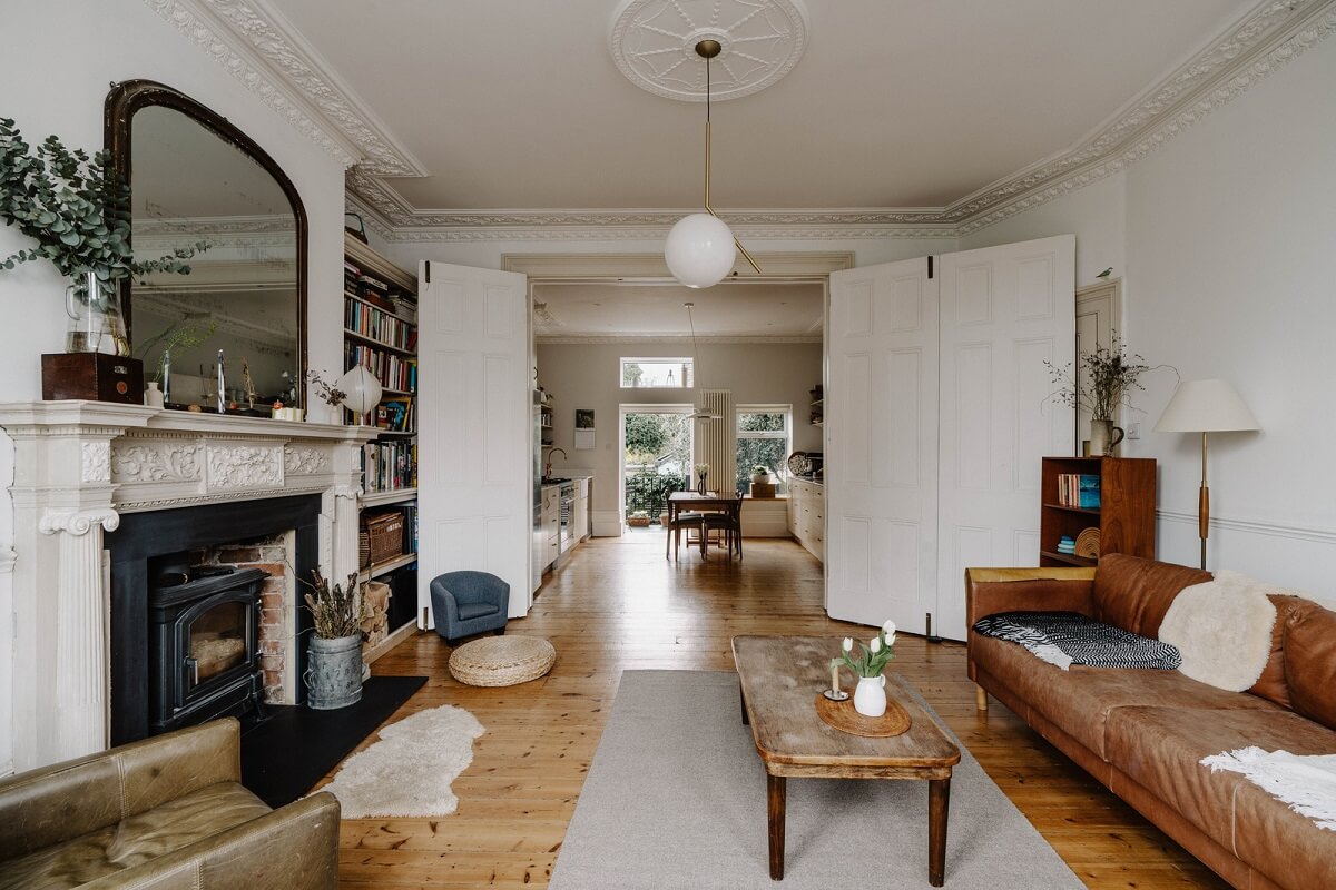 Neutral Tones and Original Features in an English Townhouse 8 double living room with fireplace
