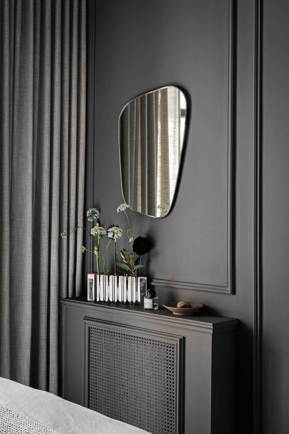 A Luxurious Renovated Apartment with Dark Gray Walls 21 gray bedroom detail