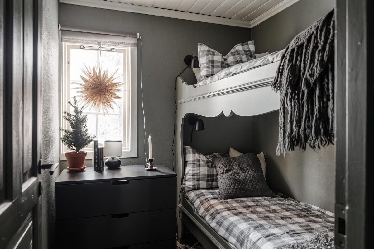 A Gray Swedish Log House Decorated for Christmas 14 gray bedroom with bunk beds