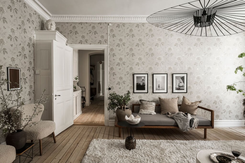 Wallpaper and Historic Charm in a Swedish Apartment 10 gray floral wallpaper living room nordroom