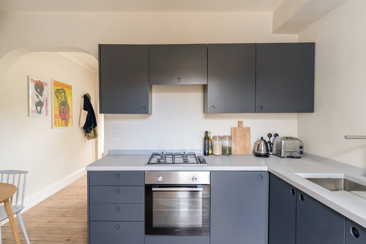 A Tiny Maisonette with Original Details in London 6 gray kitchen