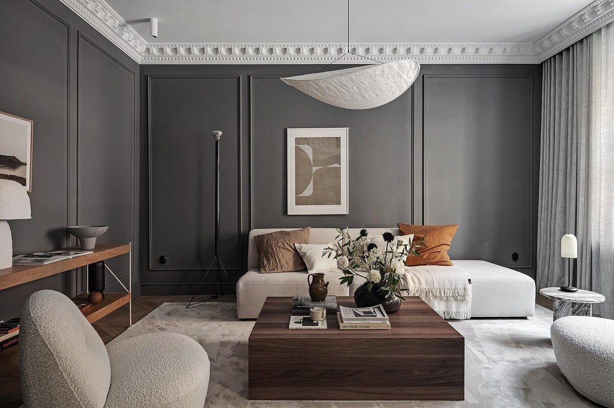 A Luxurious Renovated Apartment with Dark Gray Walls 6 gray walls scandinavian living room