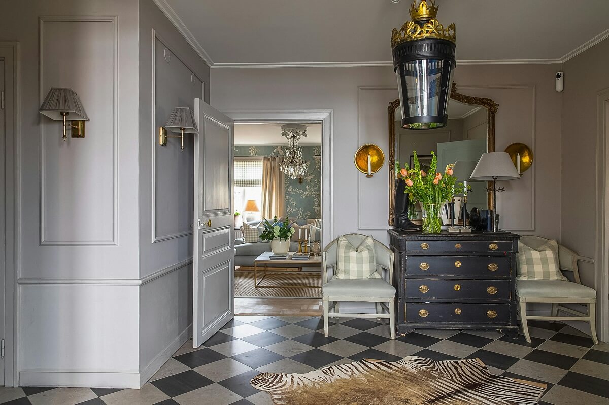 A Classic and Luxurious Lakeside Home in Sweden 6 hall with checkerboard floor luxurious summer house sweden nordroom