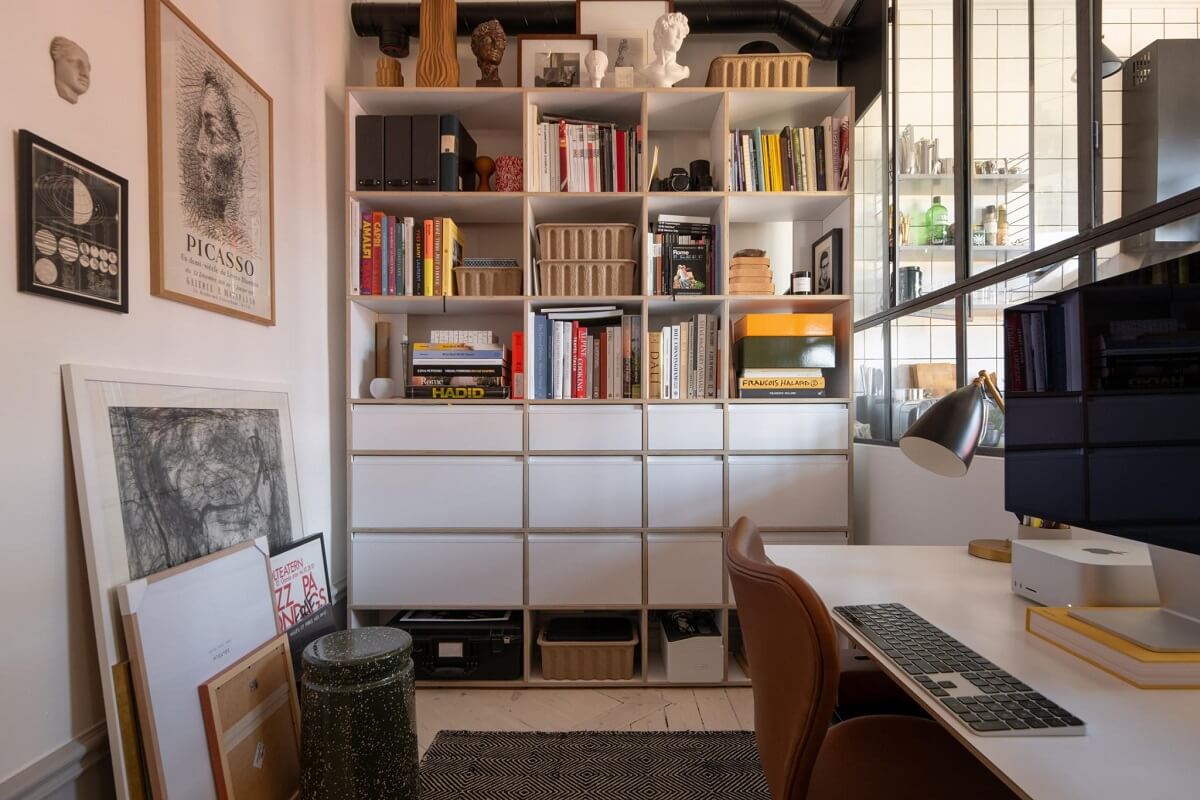 A Corner Apartment with an Industrial Style Kitchen 18 home office with bookcases nordroom