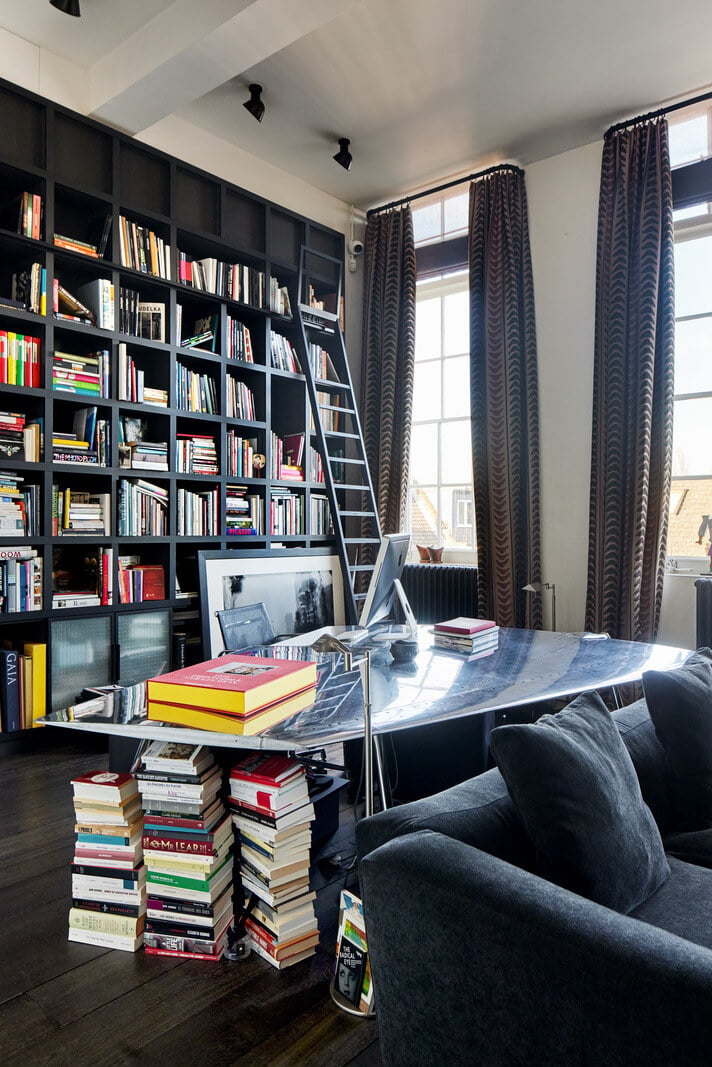 A Monochrome London Loft Filled with Art 19 home office with bookshelves monochrome loft apartment london nordroom