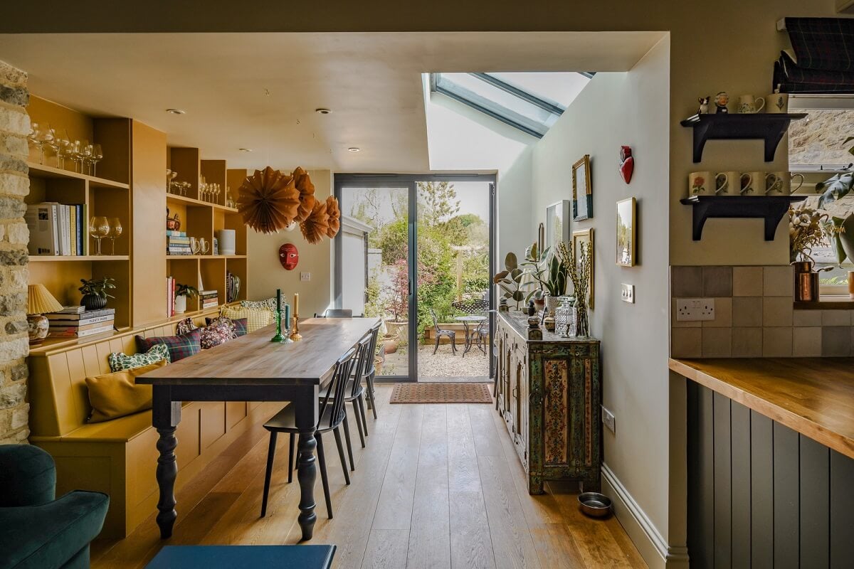 A Rich Color Palette in a Historic English Home 1 kitchen and dining room with skylight