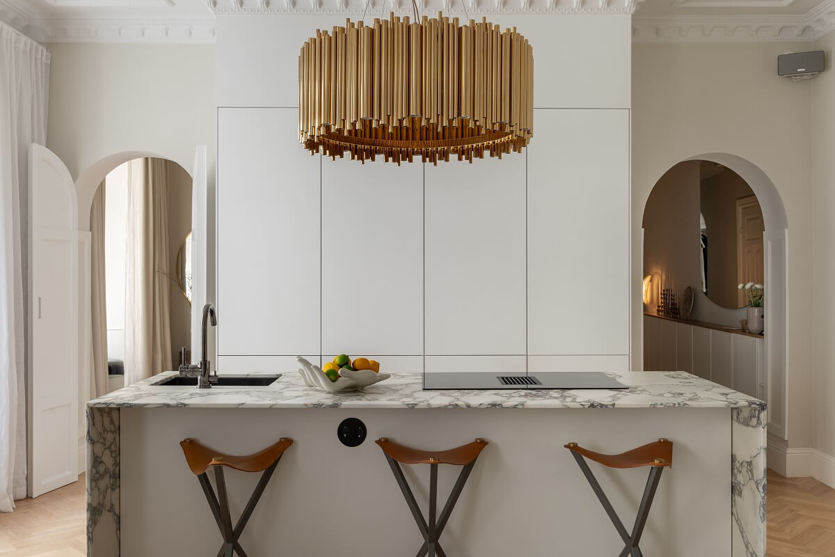 A Classic Look for a Swedish Apartment 8 kitchen island with marble top