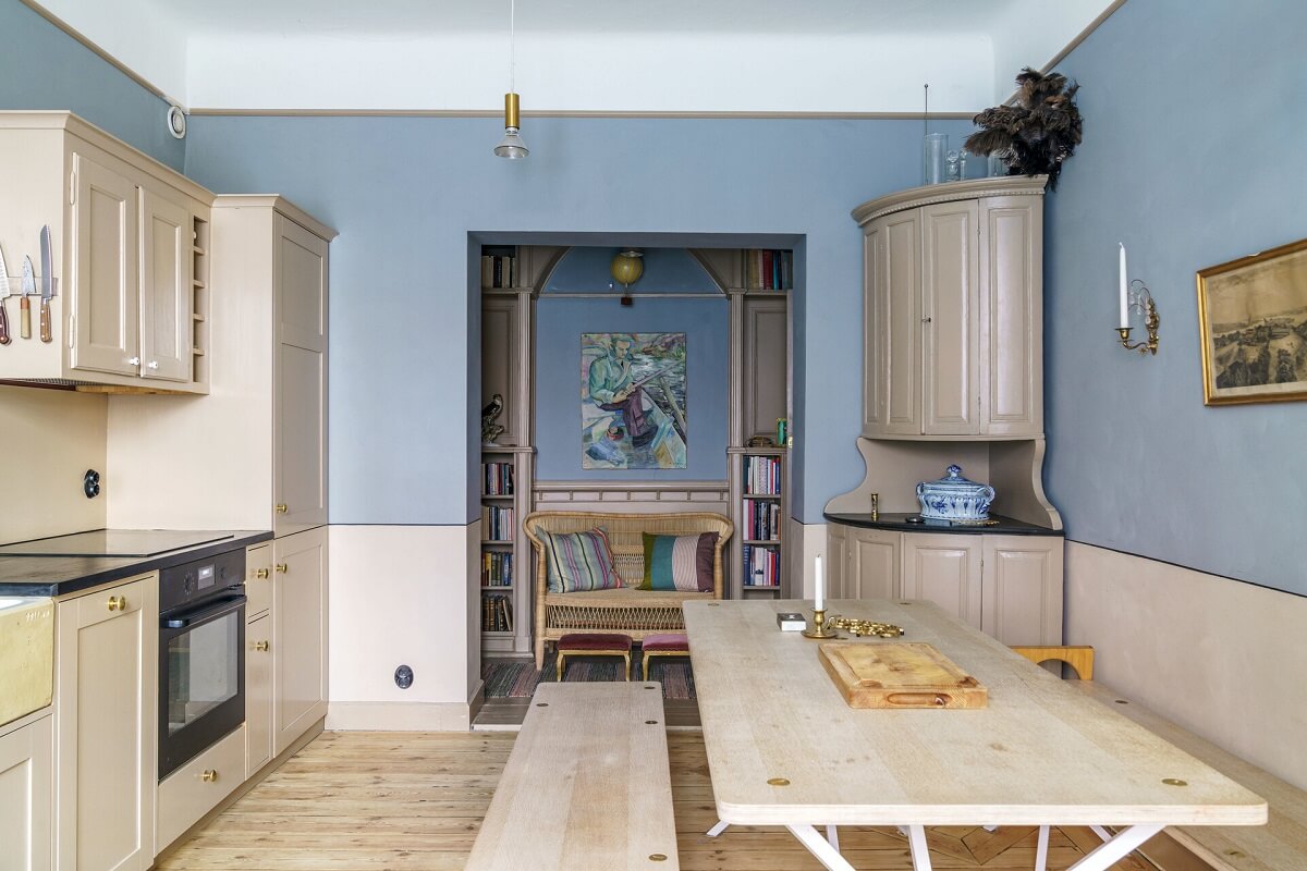 A Unique Courtyard Home in Stockholm 1 kitchen with blue walls A Unique Courtyard Home in Stockholm