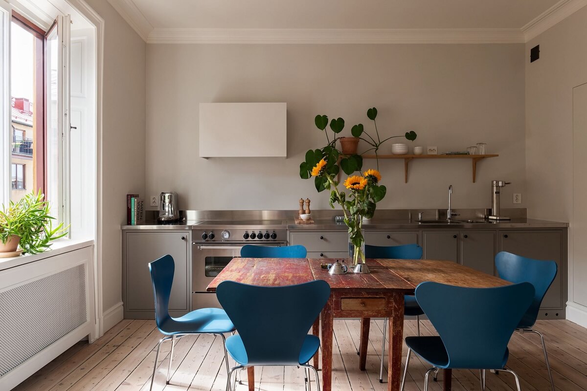 Light Rooms in a Renovated Historic Apartment in Stockholm 8 kitchen with light gray walls and cabinets nordroom