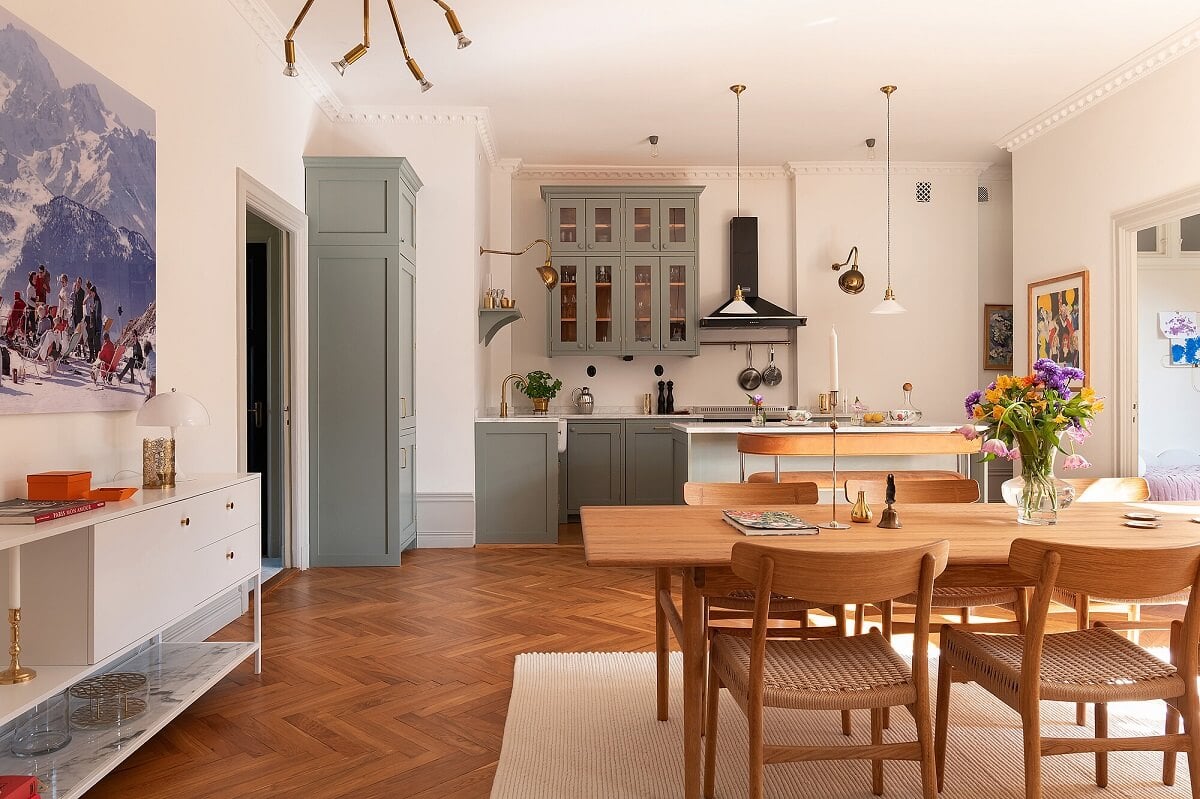 An Elegant Turn-of-the-Century Apartment in Stockholm 1 light classic kitchen and dining room with parquet floor nordroom