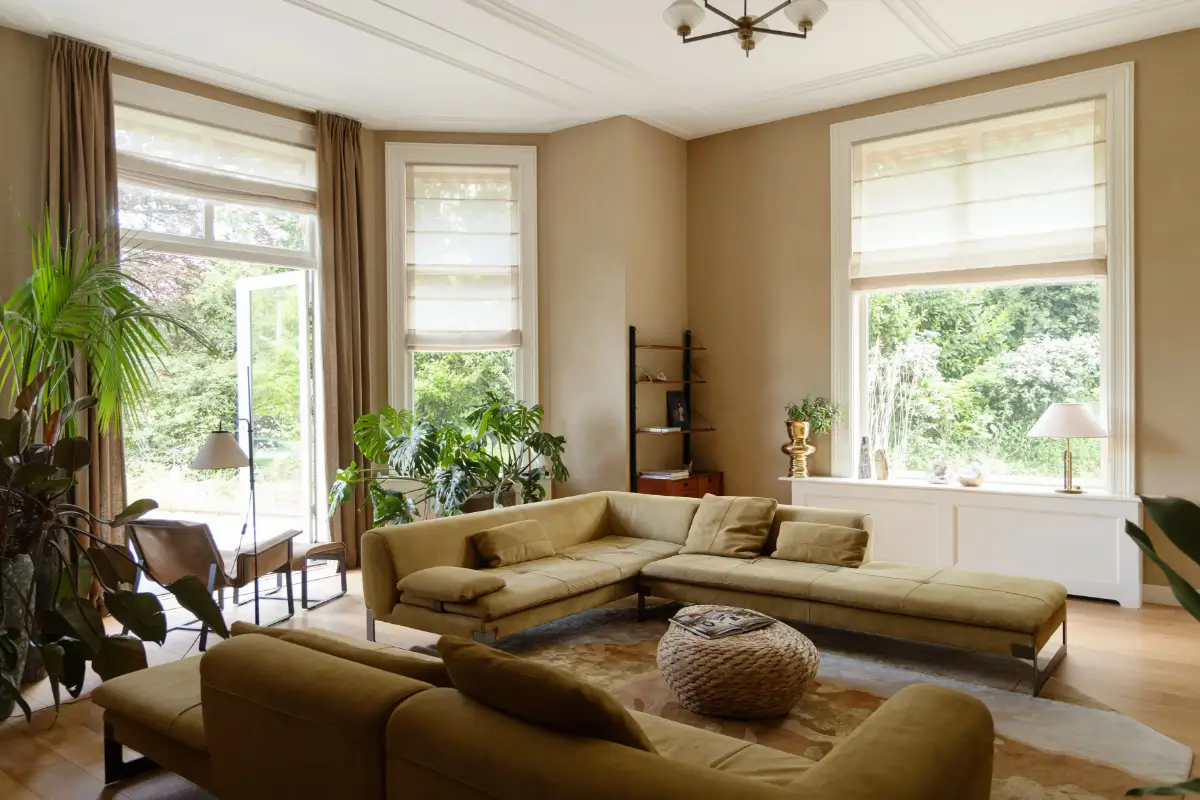 A Warm Atmosphere in a Historic Dutch Villa 14 living-room-garden-doors-sand-colored-walls