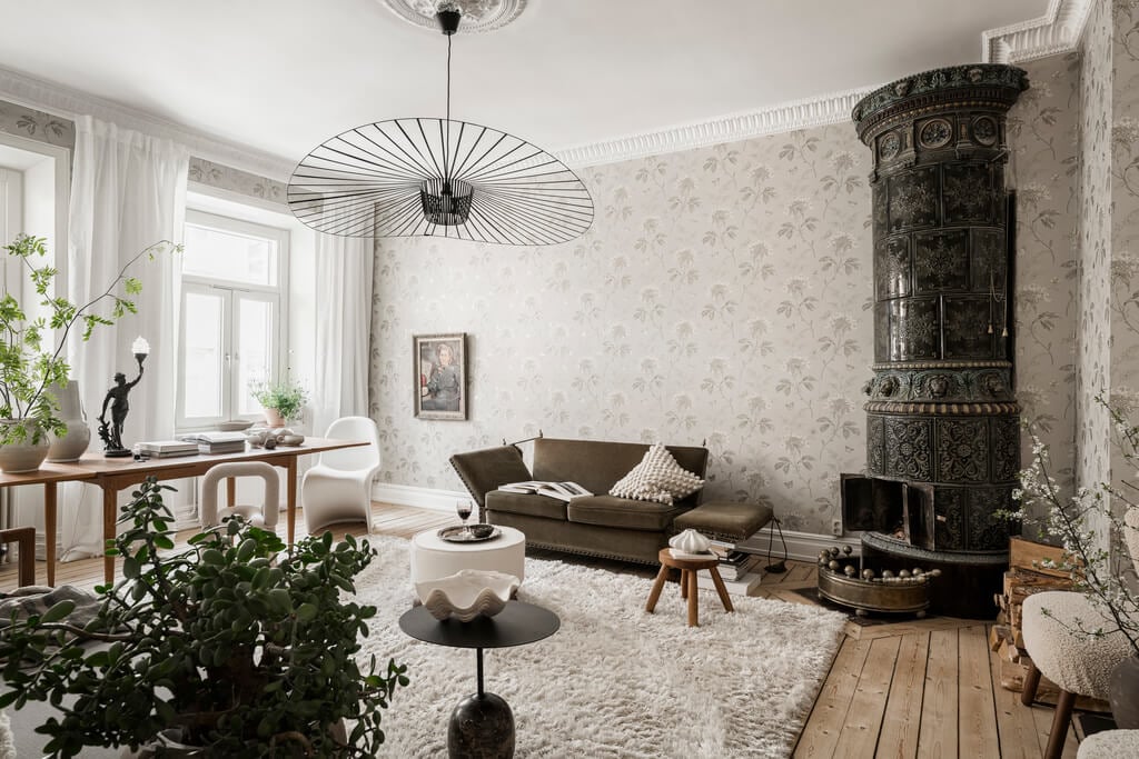living room gray floral wallpaper green fireplace nordroom