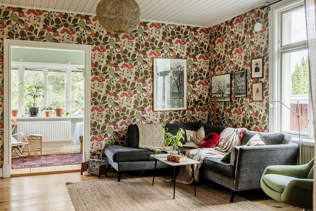 A Historic Swedish Country House with a Beautiful Garden 6 living room with floral wallpaper