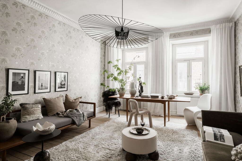 Wallpaper and Historic Charm in a Swedish Apartment 2 living room with gray wallpaper