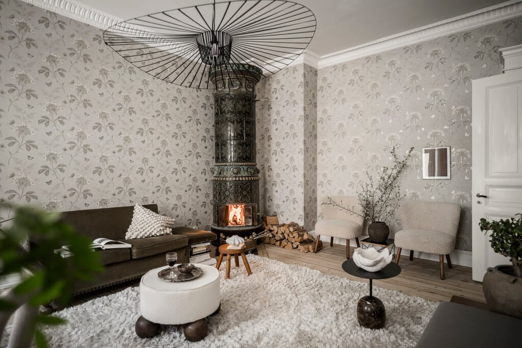 Wallpaper and Historic Charm in a Swedish Apartment 6 living room with green fireplace nordroom