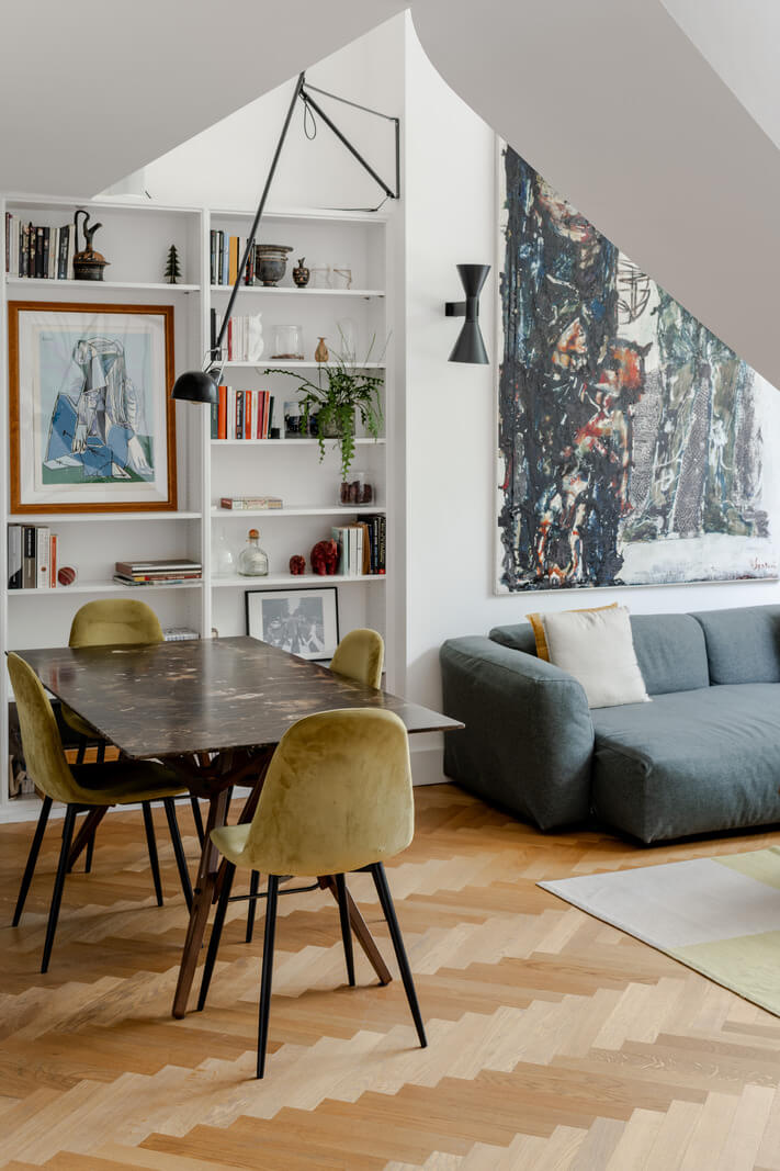 High Ceilings in a Light London Apartment 2 living room with herringbone parquet and built in bookshelves nordroom